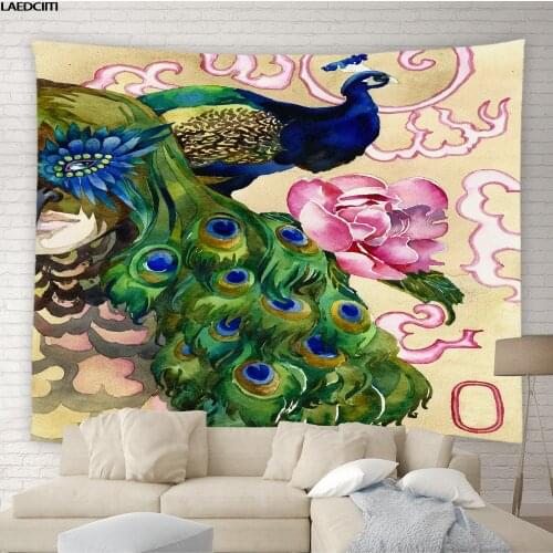 Peacocks Tapestry Colorful Aesthetics Wall Hanging Flowers Animals Chinese Feathers Background Living Room Bedroom Home Decor