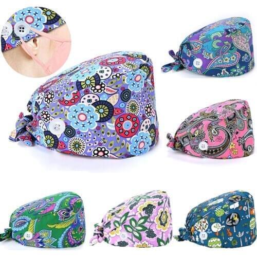 Women Bouffant Scrubs Hats Printed Bandage Adjustable Caps Men Workwear Button Anti-lear Hats Anti-dust Hair Cover Hats