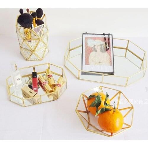 Retro Brass Storage Tray Golden Glass Makeup Organizer Tray Dessert Snack Plate Jewelry Display Stand Home Kitchen Decor