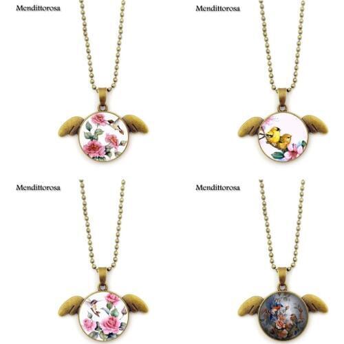Mendittorosa Flower Bird Necklace Glass Cabochon Jewelry Choker Long Bronze Angel Wings Necklace For Unisex Gift