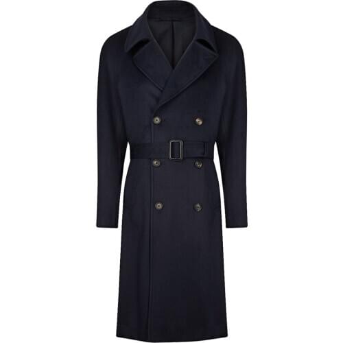 Male Woolen Overcoat Double-Breasted Belt V-Sleeve Long Jacket Casual England Style Fashion Handsome Mens Woolen Coat
