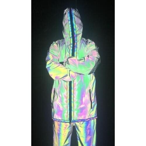 Men Colorful Reflective Long Trench Jacket Gothic Oversize Hooded Rainbow Coat Fall Winter Christmas Punk Overcoats Plus Size