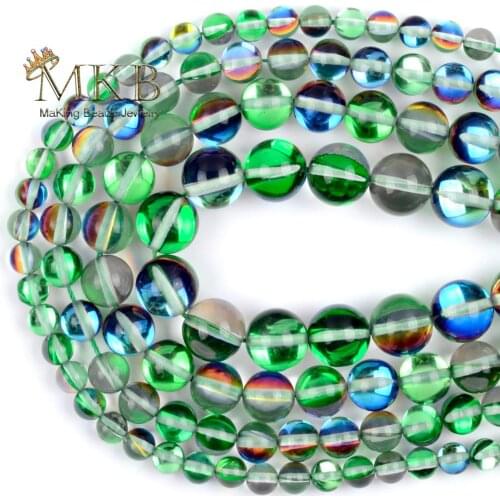 Natural Stone Beads Smooth Green Austrian Crystal Glass Round Loose Beads For Jewelry Making Diy Bracelet Necklace Accessories