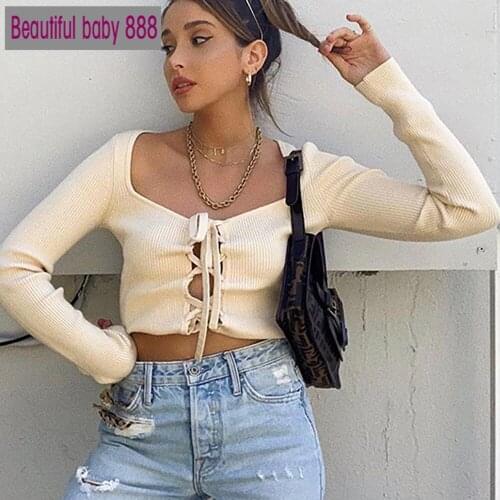 Meqeiss 2020 New Autumn Winter Lace Up Open Stitch Sweaters Knitted Tops Women Streetwear Jumpers Sexy Sweaters Crop Tops Slim