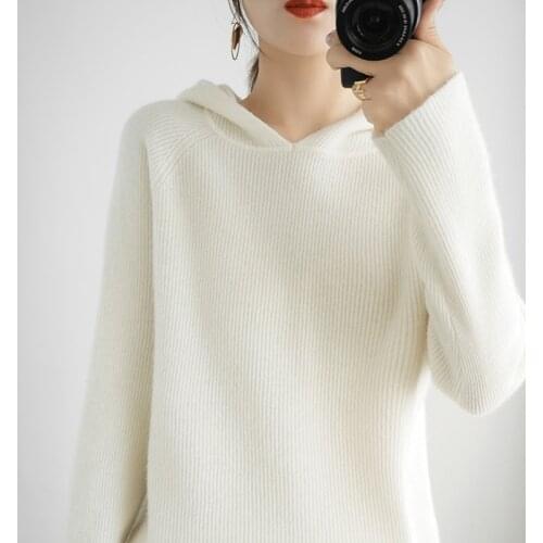 Casual high-end hooded cashmere sweater ladies pure color knitted long-sleeved pullover 100% wool sweater New autumn and winter