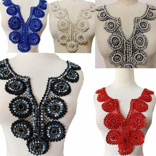 Handmade rhinestones pearl lace patches sew on beads sequins applique for clothes dress neckline
