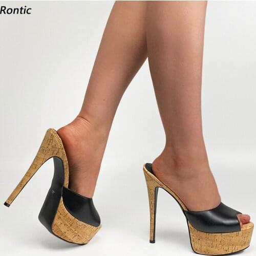 Rontic Handmade Women Platform Mules Sandals Unisex Cork Pattern Stiletto Heels Peep Toe Elegant Black Dress Shoes US Size 5-20