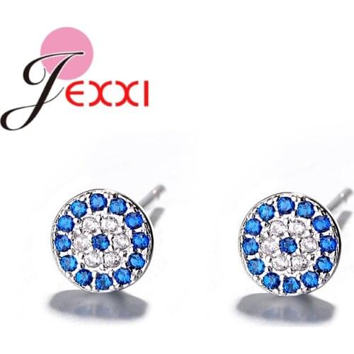Blue White CZ Stone Evil Eye Round Earring Micro Pave 925 Sterling Silver Disco Charm Turkish Eye Earring For Girl Lucky Jewelry