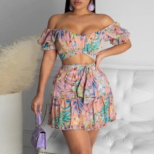 2021 Best Quality Famous Brand 2 pcs Women Set Print Slash Neck Short Tops Mini Dress Summer Beach Outfits