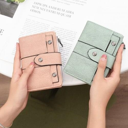 Purse womens short multi card snap on wallet Korean retro frosted student litchi grain Wallet
