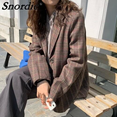 2021 Women Fall Winter Plaid Wool Blazer Coat Jacket Single Breasted Straight Suits Tops Full Sleeve Outwear Overcoat