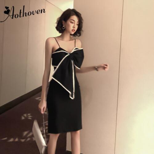 2020 Summer Dresses Black Bow Spaghetti Strap Dress Office Lady Sexy Party Vintage Bandage Bodycon Dresses High-End Women Dress