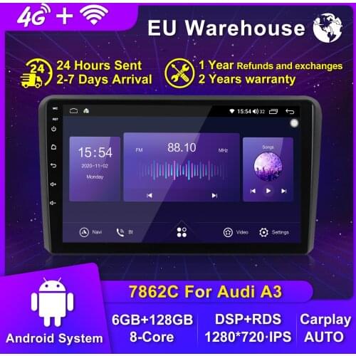 6+128G 2DIN Android 10 Car Multimedia Player head unit For Audi A3 8P S3 2006-2012 RS3 Sportback Radio NavigationGPS DVD stereo