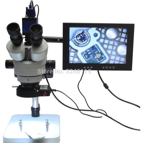 Binocular Trinocular Stereo Microscope 7X-90X Continuous Zoom Magnification+Full HD 2.0MP VGA Video Camera+10-inch Monitor