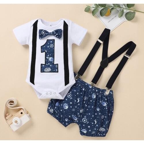 2PCS Set Little Gentleman Newborn Baby Boy Short Sleeve Cotton Bodysuit Tops Print Suspender Shorts Outfits Summer Clothes