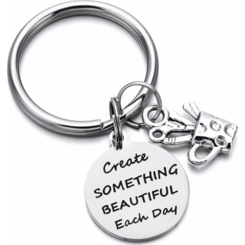 Happy Birthday Sewing Machine Camera Art Brush Charms Key Ring Holder Create Something Beautiful Each Day BFF Gift Key Chain