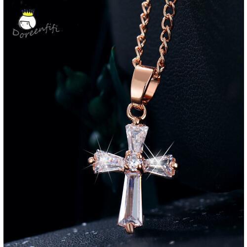 Christian Rose Gold Color Cross Pendant Necklaces Woman Crystal Pendant Cubic Zirconia Long Necklace Bijoux Jewelry Wholesale