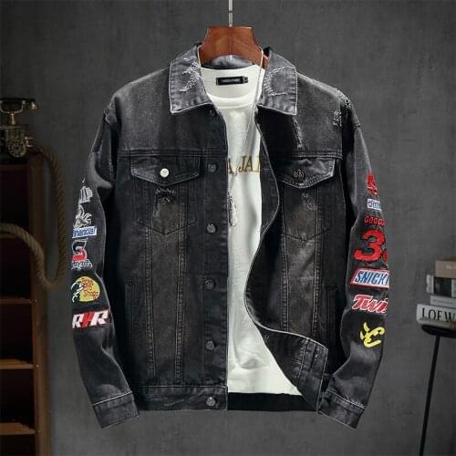 Hip Hop Embroidery Badge Denim Jacket Men Autumn Street Fashion Casual Cowboy Coats Personality Youth Loose Ripped Jean Jackets