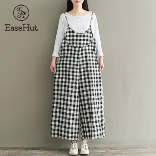 EaseHut Checkerboard Cotton Linen Wide Legs Jumpsuits for Women Plaid Strappy Casual Playsuit Plus Size Loose Harem Pant Rompers