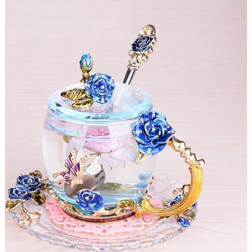 Europe Style colorful glass cup rose enamel applique crystal cup tea Cup Wedding cup creative Wedding gift Home Drinking Ware