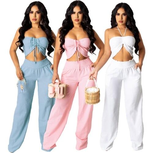 Elysee Bohemian Style Hot Selling Ice Silk Hot Style Feature Summer Pure Color Breast Adjustable Ice Silk Wrinkle Leisure Set 33