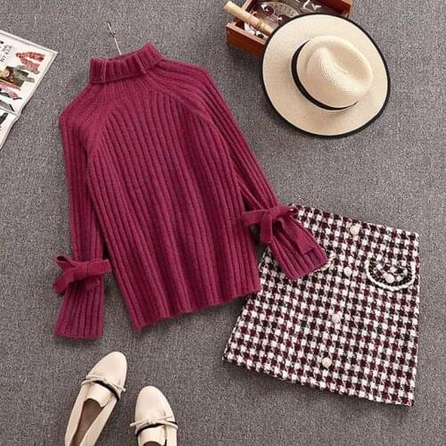 Turtleneck Pullover Sweater and Woolen Skirt 2 Piece Set Fall Winter New Knitted Jumper Tops and Tweed A-line Mini Skirt Suits