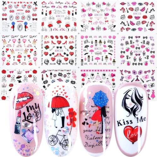 12pcs Romantic Valentines Water Decals Sliders Nail Art Decorations Stickers Sexy Lips Flower Heart Tattoo Wraps JIBN1069-1080