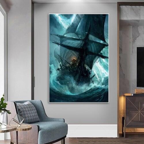 Ghost Ship At Sea Canvas Painting Blue Sailboat Vintage Poster and Prints Vessel Wall Pictures for Living Room Decoration Quadro
