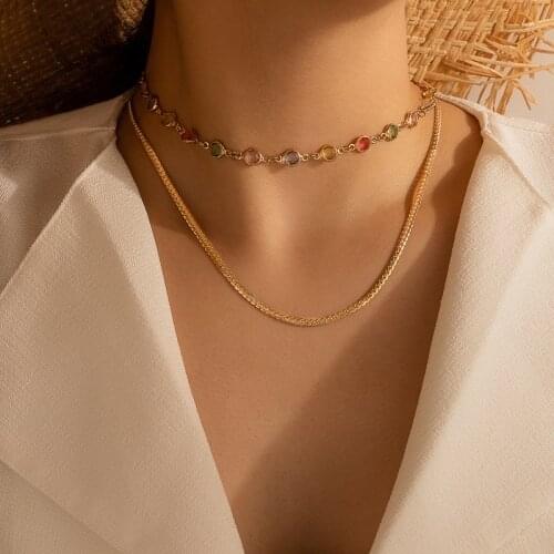 Tocona Colorful Luxury Rhinestone Chain Choker Necklace for Women Charming Gold Color Alloy Metal Party Jewelry Collar 9505