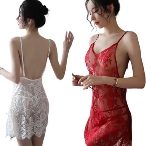 Sexy Nightwear Transparent Lace Lingerie Sleepwear Femme Erotic V-Neck Nightdress Women Backless Sleeveless Nightgowns Thong