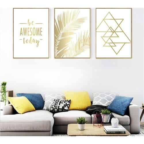 Posters and Prints Nordic Golden Picture Geometry Leaf Wall Pictures for Living Room Home Decoration Love Wedding Decor Quotes