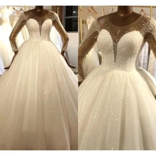 Vestido De Noiva Luxury Saudi Arabic Wedding Dresses 2021 Ball Gown Sheer O-Neck Pearls Long Sleeve Bridal Gowns Customize