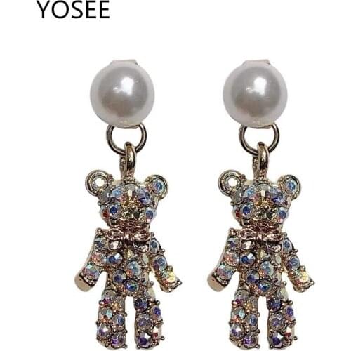 YOSEE Cute Diamond Bear Pearl Earrings