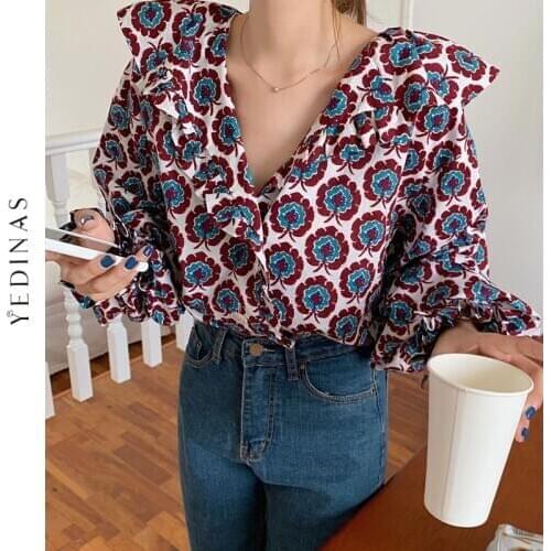Yedinas Japan Style Chiffon Shirts Peter Pan Collar Lantern Sleeve Blouse Female Spring Chic Tops Pearl Buttons Floral Blouses