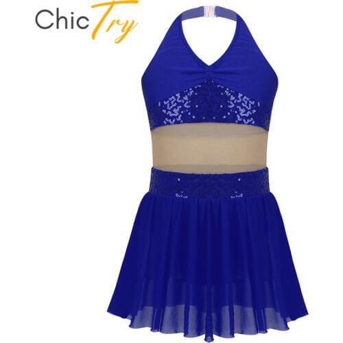 ChicTry Girls Halter Sequin Mesh Stretchy Figure Skating Dress Gymnastics Ballet Leotard Kids Performance Lyrical Dance Costumes