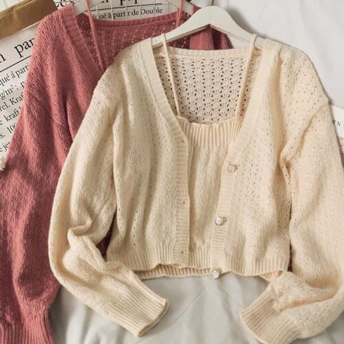 2 Pieces Set Warm Soft Sweater Cardigans Women 2021 Winter and Autumn Hollow Out Single-row Buckle Long-sleeved Knitted Top