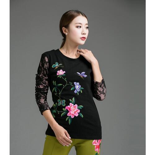 New2018Women Winter Warm Fleece cotton t shirt Slim fit Chinese style Hand Painted Lace patchwork tees Oversize tops XL-XXXXXL