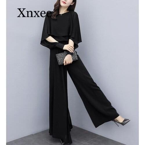 Spring Summer Elegant Two Piece Set Women Chiffon Batwing Sleeve Shirt+High Waist Wide Leg Pants Sets Lady Trouser Suits navy