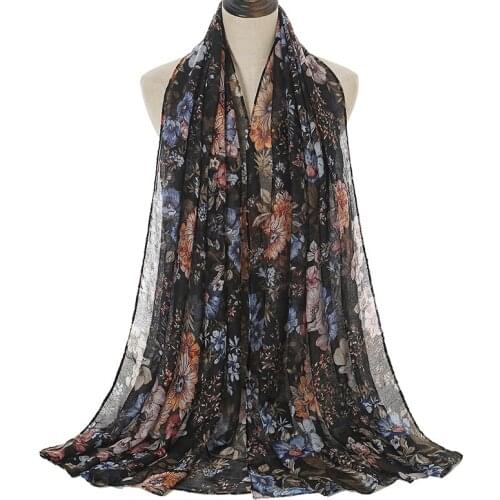 Women Viscose Floral Hijab Scarf Printing Flower Scarves Vintage Ethnic Stole Foulard Muslim Hijabs Female Bandana 180*90cm