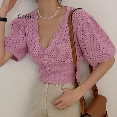 Summer Casual Knitwear Sweater Puff Sleeve 2021 New Hollow Out Crochet Flower Cardigan Women Elegant V Neck Slim Knit Crop Tops