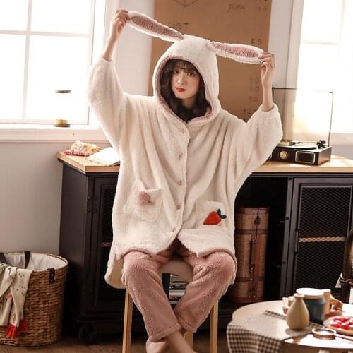 Winter Women Pyjamas Sets Hooded Pajamas Sleepwear Suit Thick Warm Coral Flannel nightgown cute cartoon Home service suit