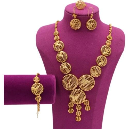 2021 New Luxury Gold Color/Copper Necklace Bracelet Earrings Ring Jewelry Set For Women Bridal Wedding Dubai African Party Gifts