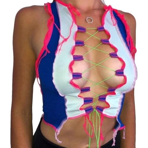 2021 Women Ribbed Hnitting Crop Tops Summer Fashion Club Party Wear Tank Tops Bandage Vest Female Tee Sexy Hollow Out Camisole