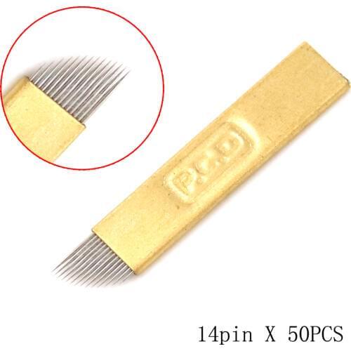 50pcs golden 316 stainless steel disposable embroidery eyebrow tattoo blade 14 pin microblade for permanent makeup manual pen