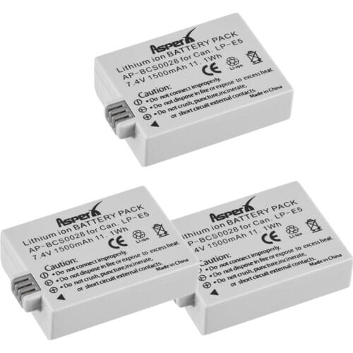 AsperX 3Pcs 1500mAh LP-E5 LP E5 LPE5 Battery for Canon EOS Rebel XS Rebel T1i Rebel XSi 1000D 500D 450D Kiss X3 Kiss X2 Kiss F