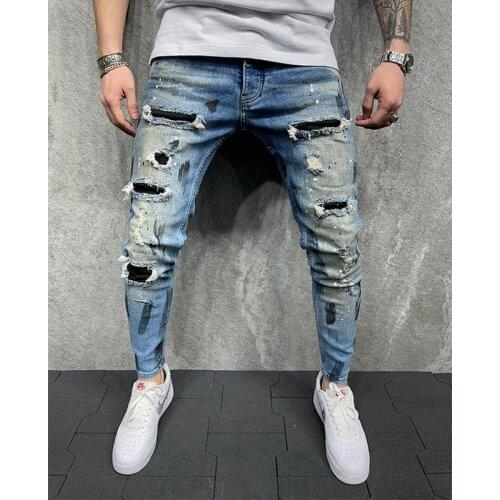 Mens Jeans Slim Pants Holes New Mens Painted Jeans Casual Trousers Pencil Pants Skinny Jeans Men Fashion Men Clothing