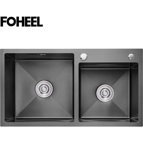 FOHEEL Black Kitchen Sink Drain Basket And Drain Pip Rectangular Stainless Steel Kitchen Sink Double