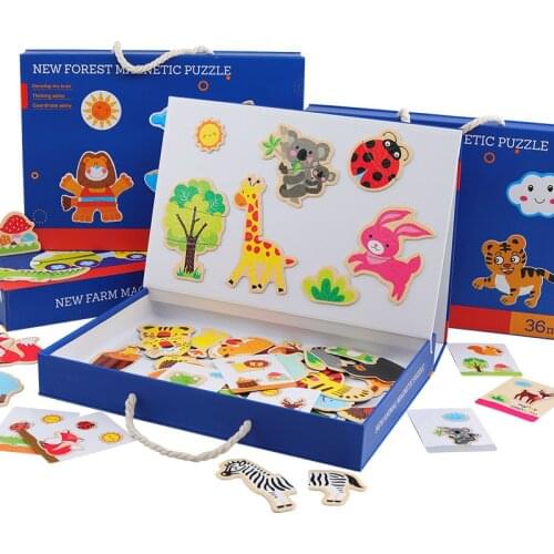 New Kids Toys Wooden Toys Cartoon Animal Magnetic Jigsaw Puzzle Drawing Toy Board Early Educational Cognition Toys For Children