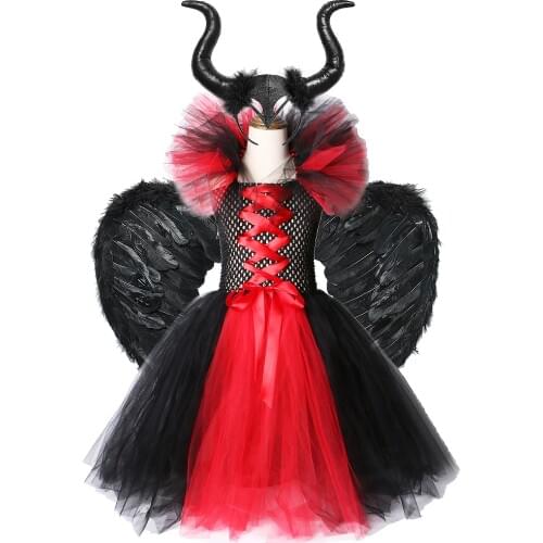 Maleficant Halloween Costumes for Girls Kids Long Tutu Dress Princess Girl Floor Fancy Dress with Horns Wings Outfit Red Black
