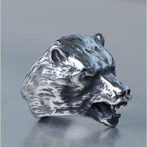 Cool Viking Stainless Steel Bear Head Animal Ring Jungle Master Slavic Raging Bear Head Ring Mens Biker Fashion Jewelry